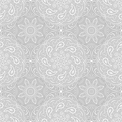Boho style pattern, ornamental mandala, white and grey colours. Seamless floral pattern-242.