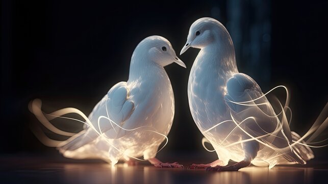Close up couple dove's with glowing effect 4k wallpaper, dove birds in night background, hd realistic  illustration