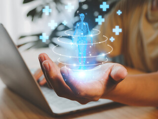 Body scan. Businessman showing hologram human body x-ray health checkup. Future skeletal health care and biological analysis