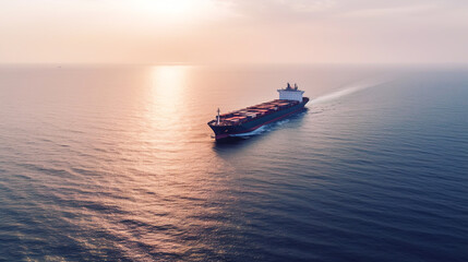 Large container cargo ship cruising in sunrise ocean. Generative AI. 