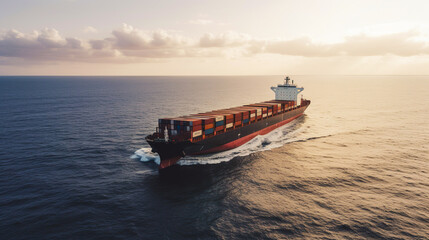 Large container cargo ship cruising in sunrise ocean. Generative AI. 