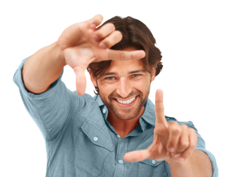 Man, hand frame and portrait with smile, photography or film for creative video by png background. Isolated male model, content creator or excited director with production, social network or movies