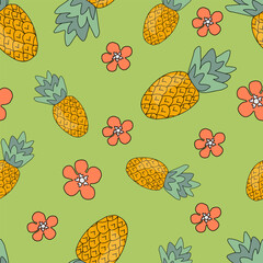 vector illustration seamless pattern of pineapples and pink flowers on green background