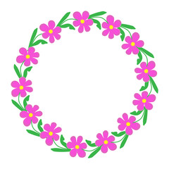 Fototapeta na wymiar vector illustration round frame - wreath of pink doodle kosmeya meadow flowers for decoration, text