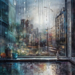 Detailed painting of melancholy raindrops on glass window of a building with cloudy sky, world view, fixture and art, morning ambiance, generative AI.