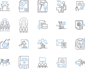 Litigator line icons collection. dvocate, Attorney, Barrister, Counsel, Advocate, Counselor, Defendant vector and linear illustration. Expert, Jury, Lawsuit outline signs set