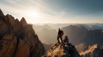 Selbstklebende Fototapeten Daring rock climber conquering mountainous terrain at sunrise, breathtaking landscape with sky, clouds, and horizon, outdoor adventure travel, generative AI. © Marcos