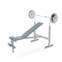 a blue bench with a weight bar and weights on it, 3d rendering