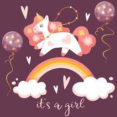 It's a girl vector illustration. Pink, violet and yellow set with unicorn, rainbow, helium ballons and hearts. Set for poster, banner, flyer, advertising, promo, commercial. Baby shower, newborn.