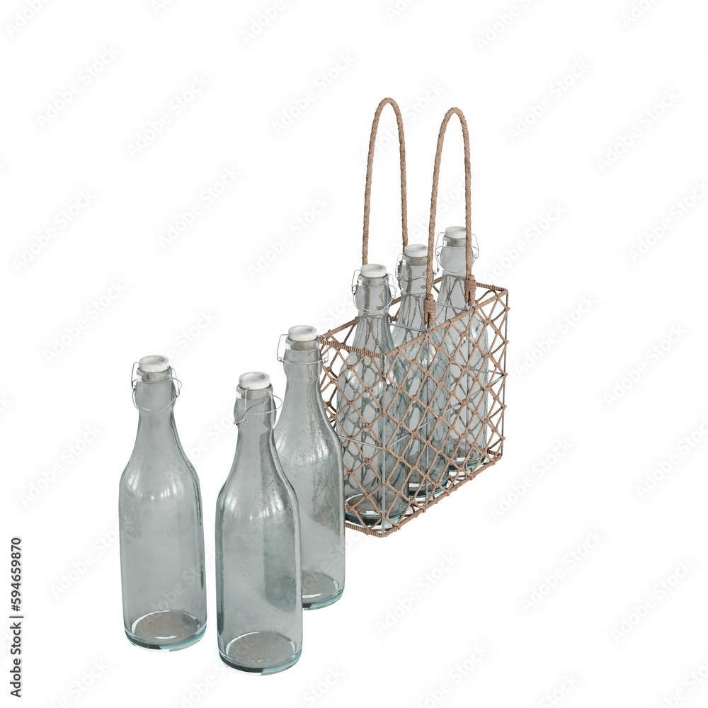 Poster an empty glass bottles on a white surface, 3d rendering