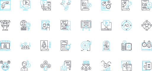 SEO optimization linear icons set. Keywords, Analytics, Content, Backlinks, Ranking, Meta-tags, Algorithm line vector and concept signs. URL,Traffic,Optimization outline illustrations