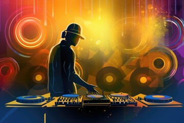 Illustration of a DJ mixing tracks on a mixer in a nightclub with colorful lasers show. An amazing club atmosphere with a lof of people dancing to electronic music. Generative AI