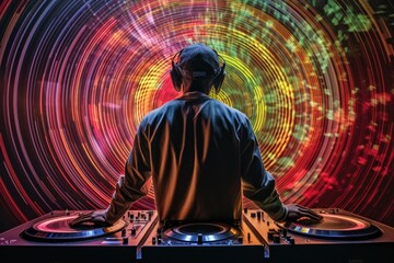 Illustration of a DJ mixing tracks on a mixer in a nightclub with colorful lasers show. An amazing club atmosphere with a lof of people dancing to electronic music. Generative AI