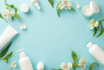 Tender summer skincare concept. Top view flat lay of mock up cream bottles, jars, serum, pipette white flowers on a pastel blue background with an empty space for text or advert