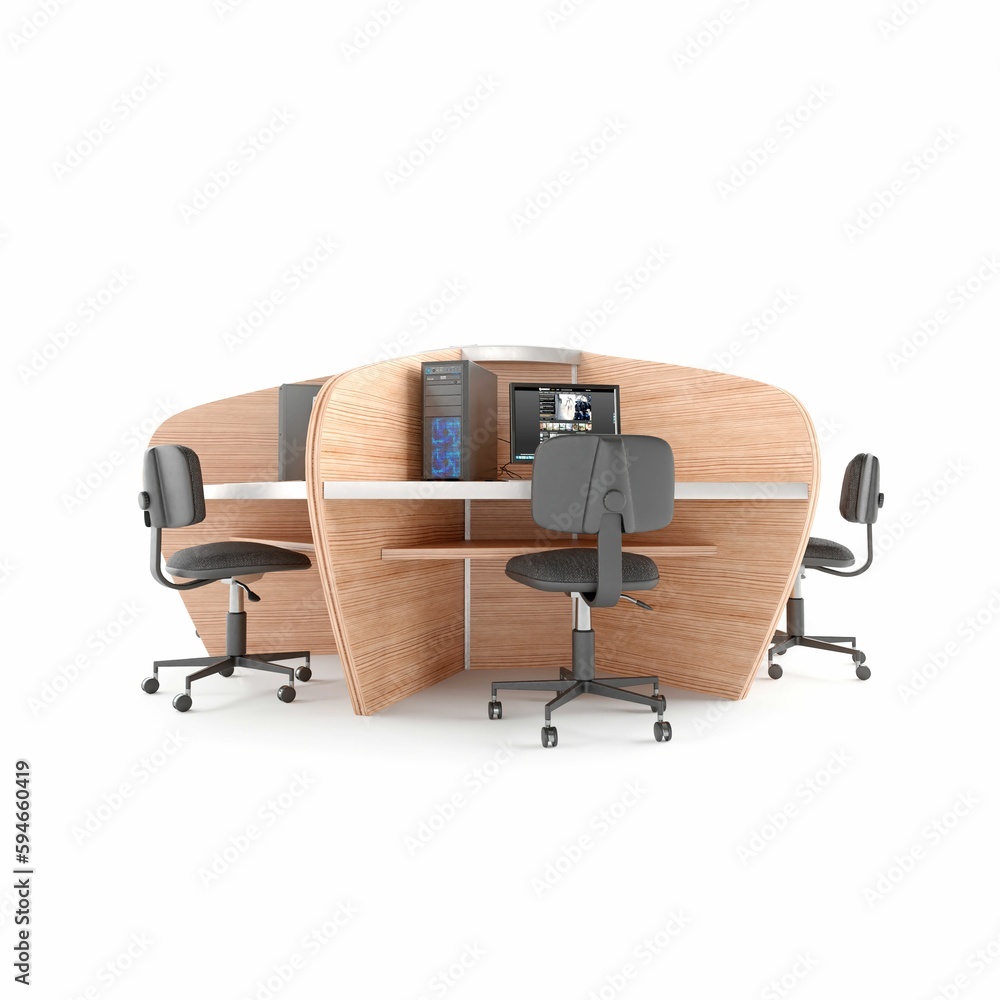 Poster wooden desk with walls and computers, 3d rendering
