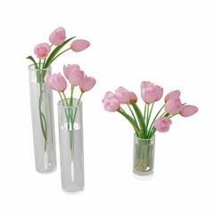 pink flowers are in glass vase, 3d rendering