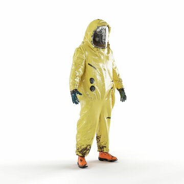 a man in a yellow suit with protective gear and a gas mask, 3d rendering