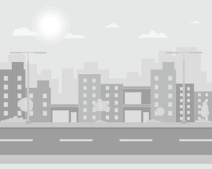 Light gray color cityscape background. City buildings and trees beside the road. Monochrome urban landscape beside the street. Flat style illustration. Vector illustration background.