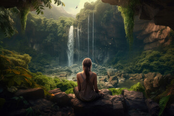 Woman meditating in nature in front of a waterfall. Generative AI