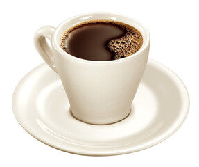 xícara de porcelana branco com café expresso fresco em fundo isolado transparente - xícara de café preto 
