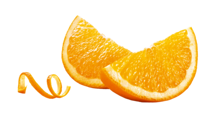 Fatias de laranjas e raspa de laranja em fundo transparente - laranja cortada