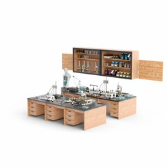 wooden desks with lab items, 3d rendering