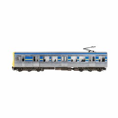 A blue and yellow train, 3d rendering