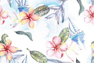 Seamless pattern of plumeria painted in watercolor.Designed for fabric luxurious and wallpaper, vintage style.Hand drawn botanical floral pattern illustration.Blooming flowers for summer.
