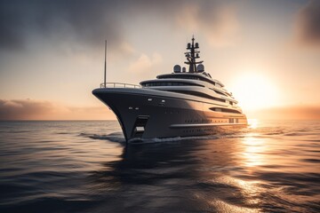 Fototapeta na wymiar Front view of super Yacht at the sunset. Generative AI