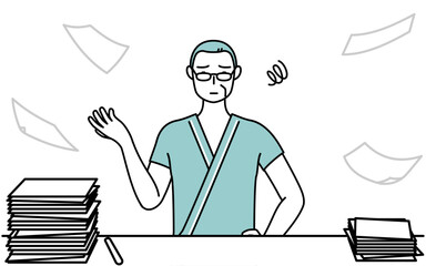 片付かない業務にうんざりする中年・シニア男性入院患者