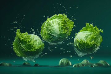 Obraz premium Levitation cabbages head with drops of water splash, isolated on green background, organic healthy, flying food, AI generative