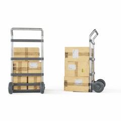 three pieces of luggage and a dolly cart with cardboard boxes on it, 3d rendering
