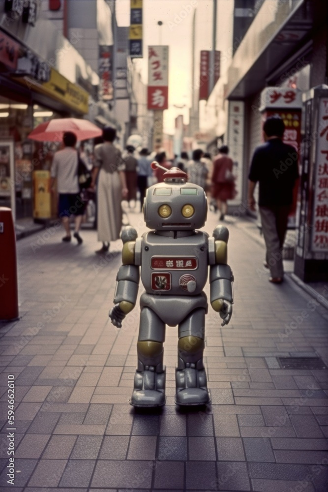 Poster a small robot is standing on a sidewalk. ai generative image.