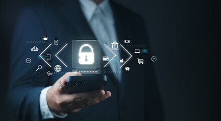 Users online security check system. Businessman using smartphone Secure encryption technology to access. security encryption user private data, security Internet access, Firewall,Cybersecurity privacy