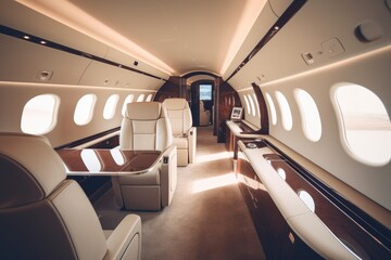 Interior of luxurious private jet with leather seats. Illustration AI Generative