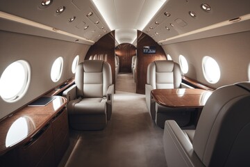 Interior of luxurious private jet with leather seats. Illustration AI Generative
