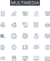 Multimedia line icons collection. Interactive media, Digital content, Audiovisual, Mixed media, Visual aids, Electronic media, Printable media vector and linear illustration. Graphics design,Digital