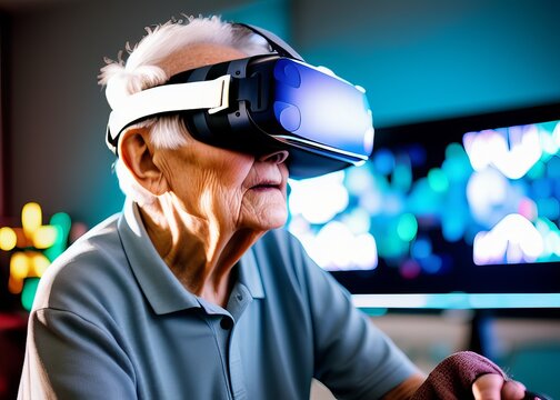 Elderly Playing VR Video Games Senior Virtual Reality Gaming Old Person Gaming Technology AI