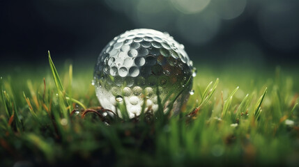 Glass golf ball on the green grass background. Outdoor sport game illustration. Generative AI