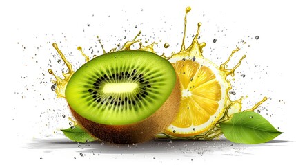 Kiwi fruits in juice splash flow. Illustration of juicy kiwi and lemon slices. Natural fresh food. Generative AI