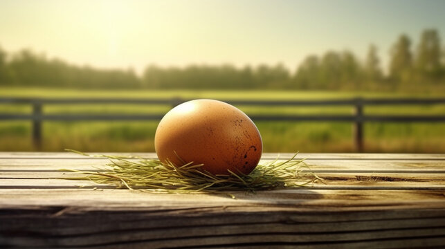 Fresh chicken egg on wooden table. Farming background with breakfast egg. Generative AI