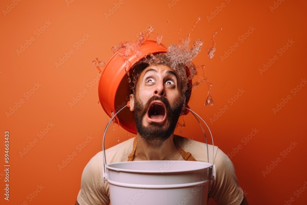 Poster a foolish looking man with a bucket of splashing water on his head. ai generative image.