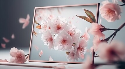 Sakura flowers on branch in a frame. Floral botanical illustration. Houseplant blooming background. Generative AI