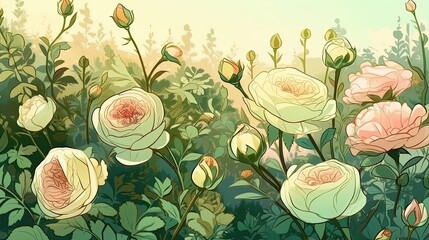 Rose flowers meadow illustration. Floral natural background. Generative AI