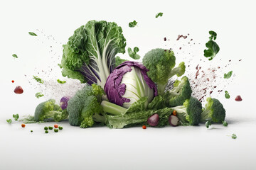 Image of Levitation mix of cabbages with drops of water splash, isolated on white background, organic healthy, flying food, AI generative printed on Printed Glass Splashbacks