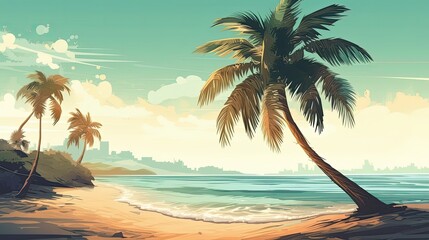 Plakat Palm trees on the beach. Tropic travel background. Paradise with coconut trees. Generative AI