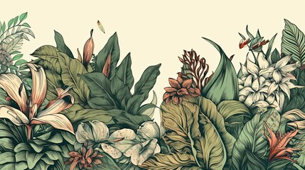 Obraz premium Hand drawn tropical leaves illustration. Modern floral background. Elegant nature design. Generative AI