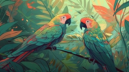 Fototapeta premium Tropical jungle leaves with exoric parrots. Illustration with couple of tropic birds. Generative AI
