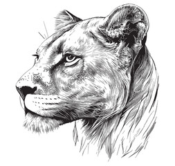 Lioness face hand drawn sketch illustration, Wild animals © BigJoy