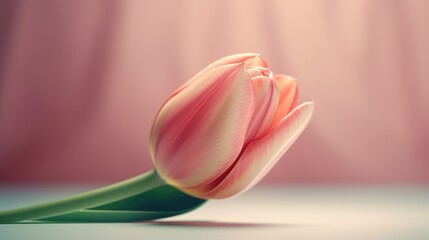 Pink tulip flower with leaves. Floral botanical illustration. Houseplant blooming background. Generative AI